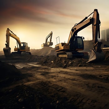 Three Excavators Working on a Construction Site at Sunset photo