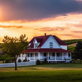 Beautiful White Farmhouse with Red Roof at Sunset on a Green Lawn photo