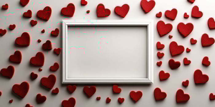 Creative display with a blank frame surrounded by red foam hearts for romantic decoration or event photo