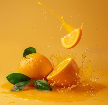 Fresh oranges are displayed on a bright yellow surface. One orange is sliced, and juice droplets splash around, highlighting the fruit's juiciness and vibrant texture photo