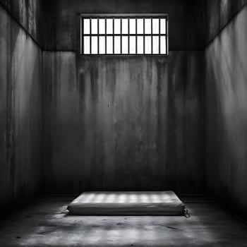A solitary confinement cell features a thin mattress on a concrete floor, a barred window high on the wall, and dark, damp walls photo