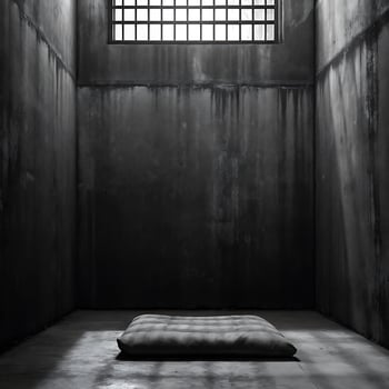Solitary Confinement Cell Gloomy Prison Interior Single Thin Mat Concrete Walls Bars Window photo