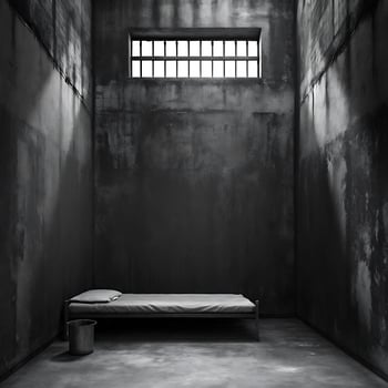 A stark solitary confinement cell with a metal bed and a small bucket photo