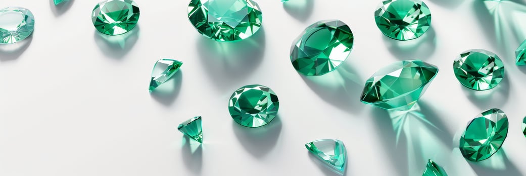 Vibrant emerald gemstones are meticulously arranged, displaying a range of shapes and sizes, reflecting light with stunning clarity photo