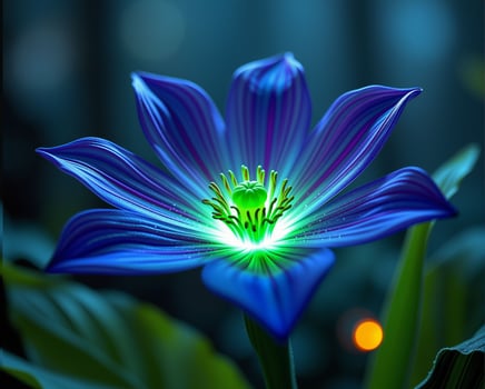 Vibrant Blue Flower with Green Center and Glowing Effects at Night photo