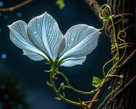 Ethereal Glow of a White Flower with Twisting Green Vines at Night photo