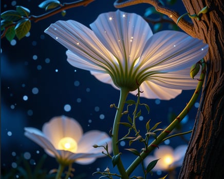 Magical glowing flowers in enchanted forest at night with light photo