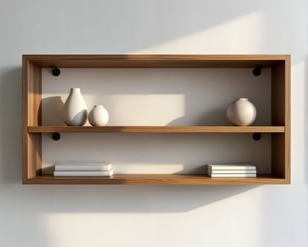 Modern Wooden Shelf with Decorative Vases and Books on Wall photo