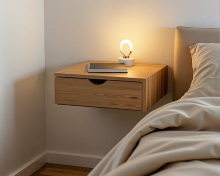 Modern Nightstand with Soft Light and Cozy Bed Setup photo