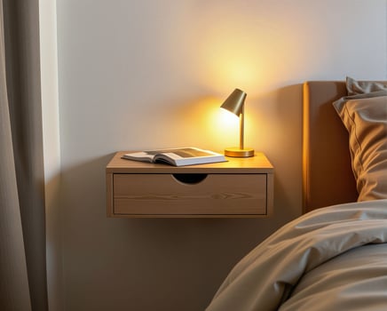 Modern Bedroom Nightstand with Lamp and Open Book on Table photo