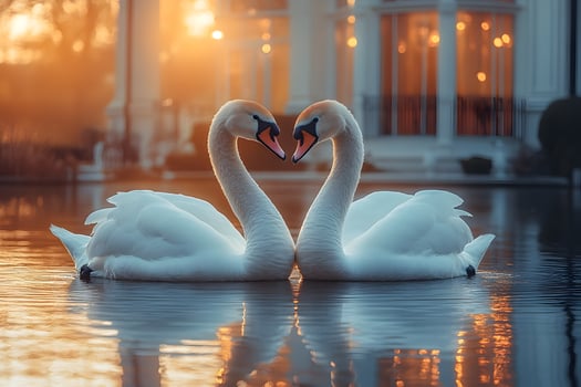 Romantic Swan Pair at Sunset on Tranquil Lake for Nature Photography and Design photo