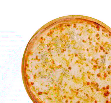 Delicious cheese pizza on a wooden serving board ready to enjoy photo