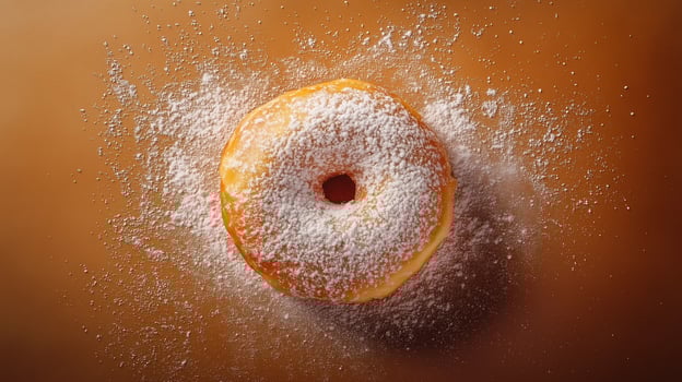 juicy donut with a hole sprinkled with powdered sugar on a brown background photo