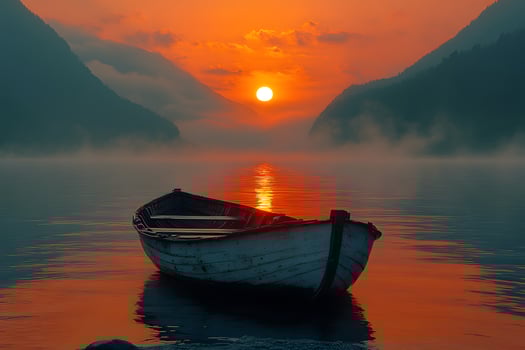 Tranquil Sunrise Over Misty Lake with Lone Boat - Serene Morning Landscape photo