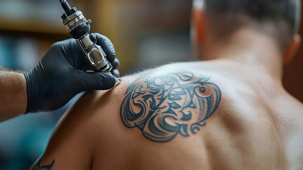 Tattoo artist injects ink into a man's back tattoo photo