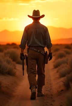 Cowboy Walking Into Sunset in Desert Holding Rifle Adventure Awaits photo