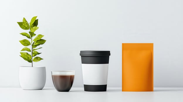 A white coffee cup sits next to a white plant and a white bag photo