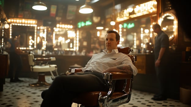 Man in barber shop, relaxed in chair, vintage atmosphere, possible use stock photography photo