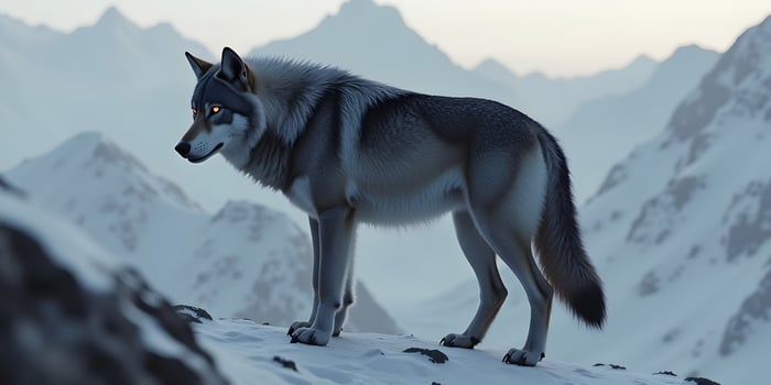 Lone Wolf Standing Watch on Snowy Mountain Ridge in Winter photo