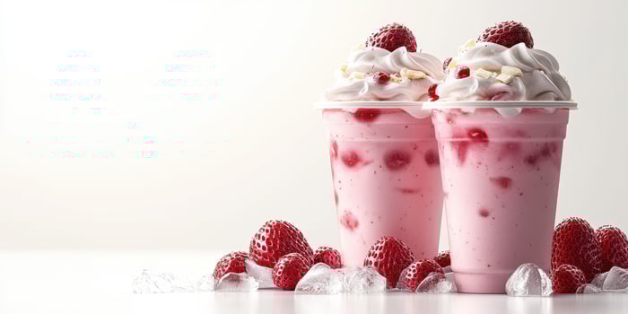 Delicious strawberry milkshakes topped with whipped cream served with fresh strawberries and ice photo