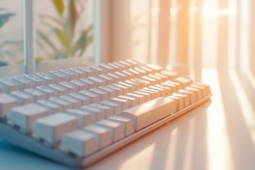 White keyboard in sunlight, window view, workspace photo