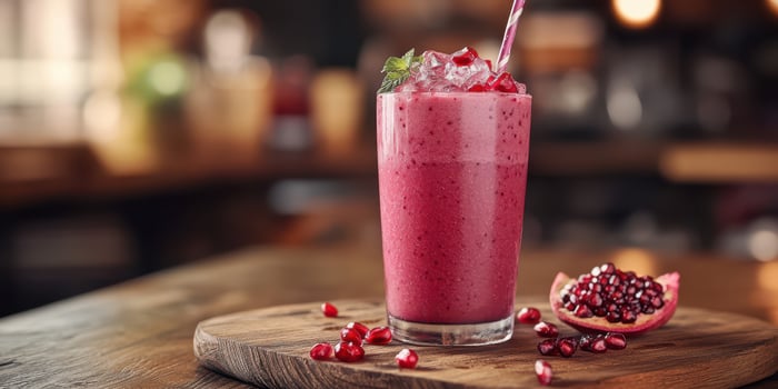 Refreshing pomegranate smoothie served in a glass on a rustic wooden table in a cozy cafe setting photo