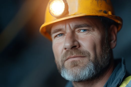 Senior miner wearing a safety helmet with a light source in a dark mining environment shows determination and experience photo