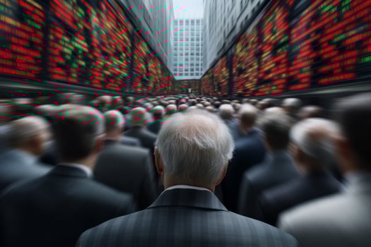 Crowd of businesspeople in a financial district during a trading session with stock market displays photo