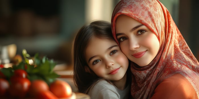Mother and daughter sharing a warm moment in a cozy cafe during a sunny afternoon photo