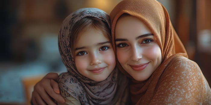 Joyful mother and daughter embrace in a cozy setting, celebrating love and connection during a tranquil afternoon photo