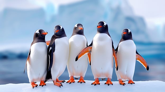 Group of Penguins on Snowy Landscape at Sunset photo