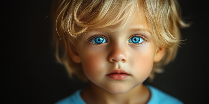 Young child with striking blue eyes gazes thoughtfully into the camera with soft lighting in a cozy indoor setting photo