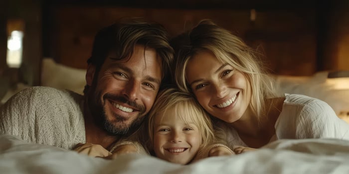 Family enjoying a cozy moment together in bed during a relaxed morning at home photo