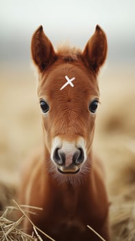 Young brown foal with distinctive marking stands in a field surrounded by straw in soft natural light photo
