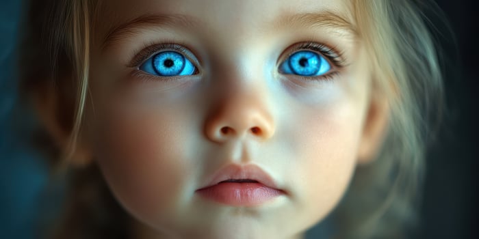 Captivating close-up of a child with striking blue eyes gazing thoughtfully into the distance during a soft-lit moment photo