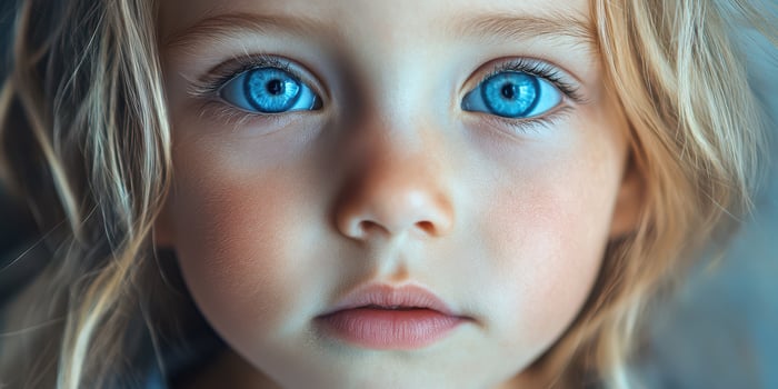 Bright blue-eyed child gazes directly into the camera with curiosity and innocence in a soft, natural light setting photo