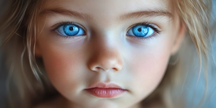 Child with striking blue eyes gazes intently at the camera in a softly lit indoor setting during morning hours photo