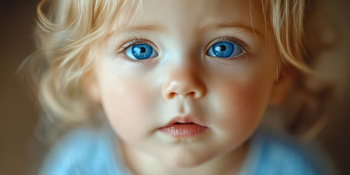 Curious toddler with striking blue eyes gazes thoughtfully at the camera in a warm indoor setting photo