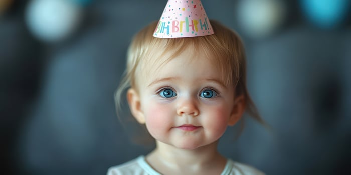 Cute toddler wearing a birthday hat smiles at the camera during a celebration at home photo