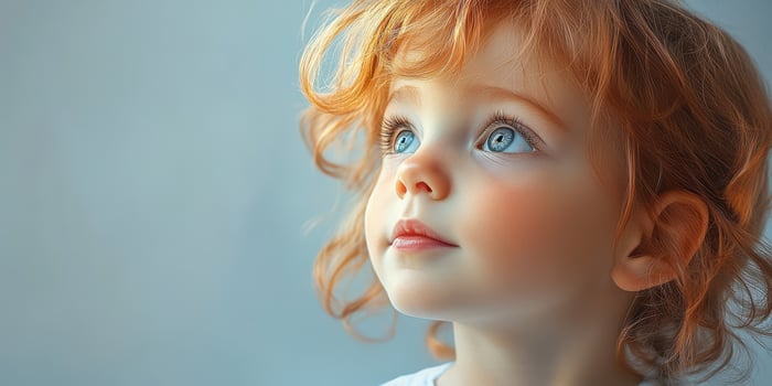 Child with curly red hair gazes upwards with wonder in soft light, capturing innocence and curiosity in a serene moment photo
