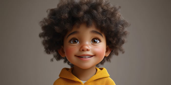 Smiling child with curly hair wears a yellow hoodie while expressing joy in a neutral background photo