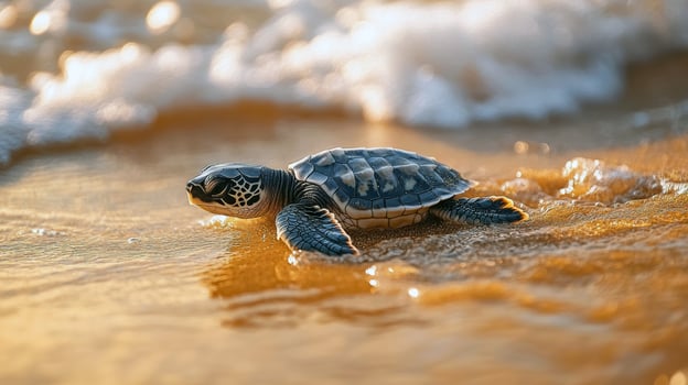 Baby sea turtle crawling on golden beach at sunset photo