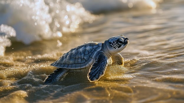 Baby sea turtle journeying to ocean at sunset beach waves photo