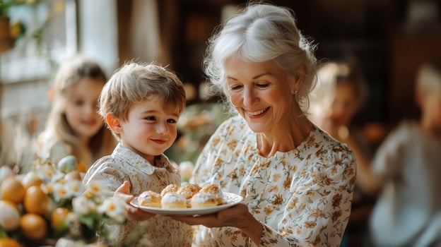Grandmother and grandson sharing Easter pastries at a festive family gathering photo