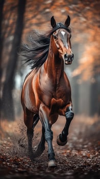 Majestic brown horse galloping through a serene autumn forest at sunset photo