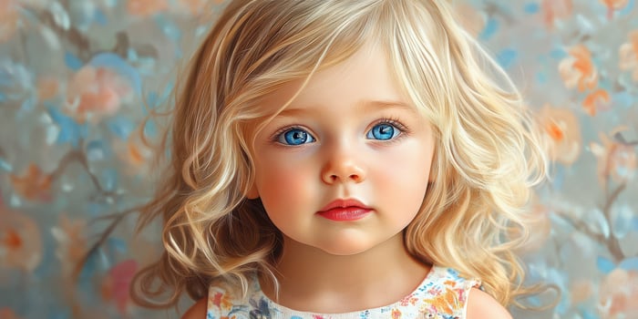 Young girl with curly blonde hair and blue eyes posing against a floral background in soft lighting photo