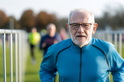 Senior man jogging in park during morning run with fellow participants in the background on a clear day photo