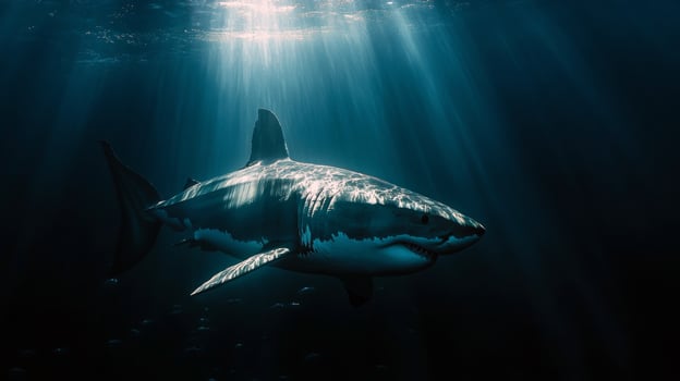 Majestic great white shark swimming under sunlit ocean surface photo