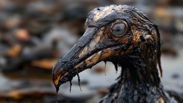 Oil-covered bird in environmental disaster scene with impacted wildlife photo