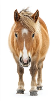 Cute miniature horse stands straight with fluffy mane against a white background photo